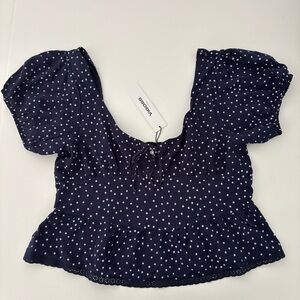 Vigoss Navy And White Polka Dots Puff Sleeves Top Size L